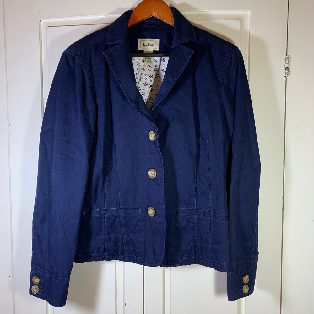 L.L.Bean Women's Navy Blue Cotton Blazer Jacket Size 14 REG Business Casual READ
